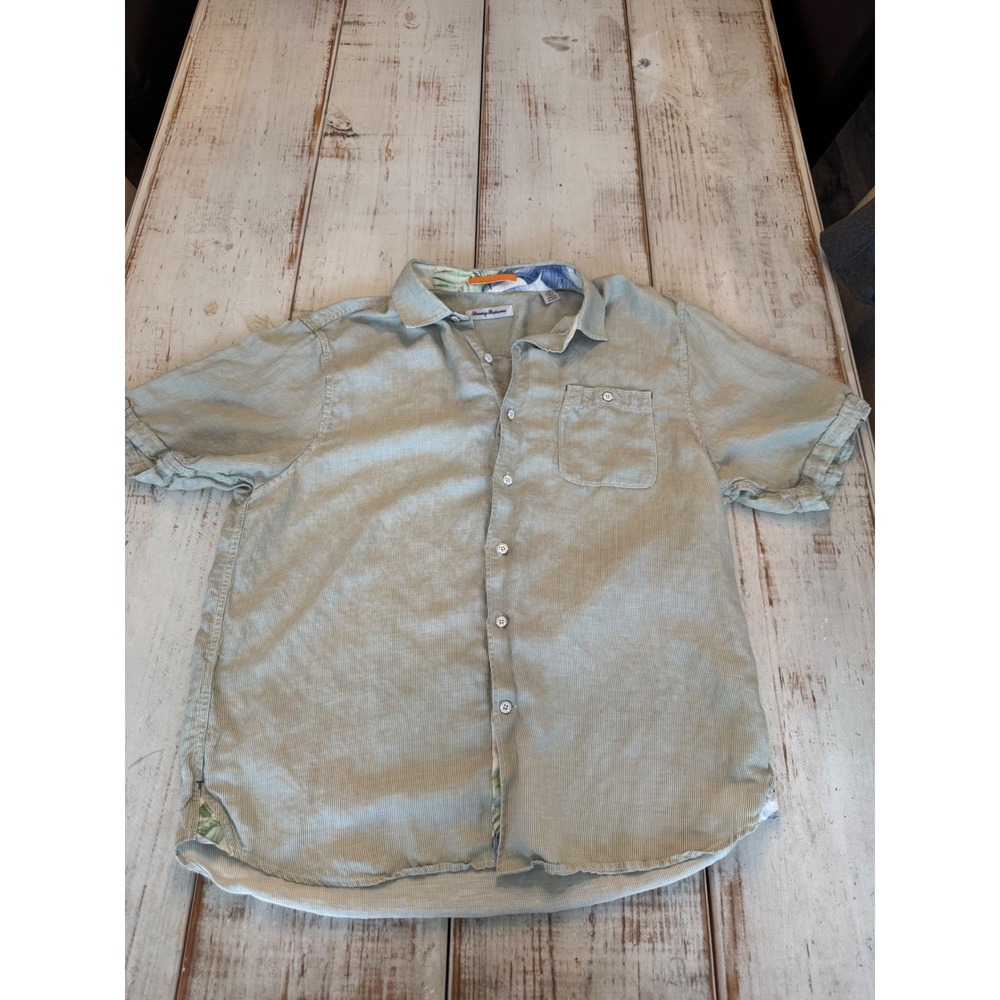 Tommy Bahama Relax Mens L Sage Green Micro Stripe Short Sleeve Button Down Shirt